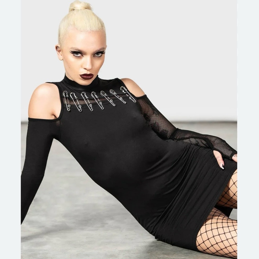 Killstar Zazzel Long Sleeve Safety Pin Black Mesh Mini Dress, Size XXL, NWT - Picture 4 of 12